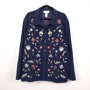 Susan Graver floral embroidered button up shirt jacket cottagecore plus size